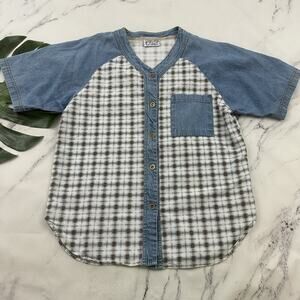 O2 Womens Vintage 90s Jersey Style Shirt Size M Blue Tan Plaid Denim Trim